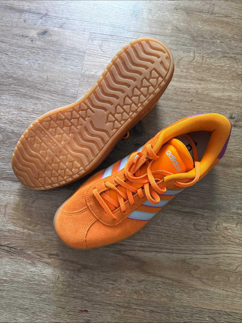 adidas Orange Suede Platform Sneakers with White Stripes and Purple Heel - Picture 3 of 3